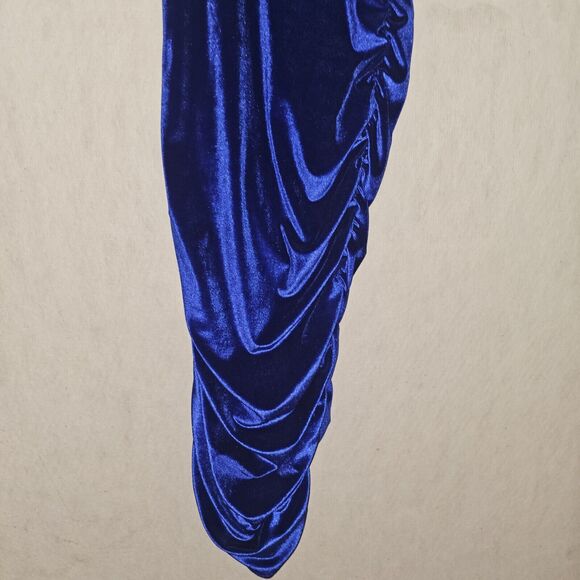 Blue Velvet Bandeau Maxi Dress One Shoulder Size Small Ruch Red Carpet Glam - Picture 14 of 14